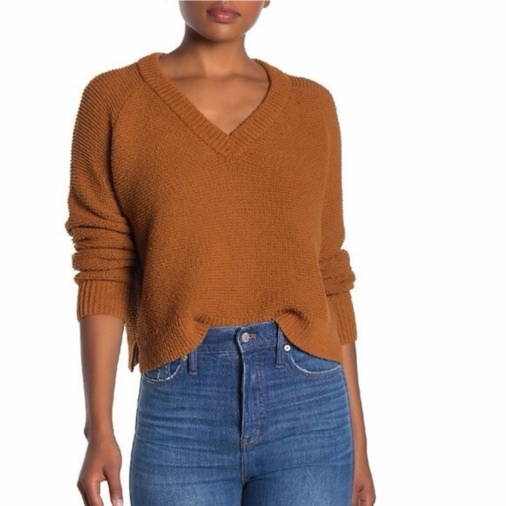 Madewell Arden V Neck Cropped Pullover Sweater Size Small Golden‎ Pecan Brown